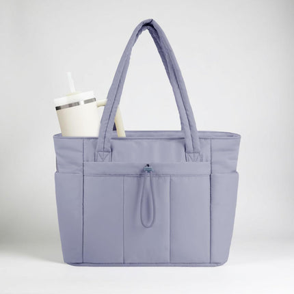 Quilted Tote Bag | Spacious Travel Organizer with Laptop Sleeve & Tumbler Holder 6