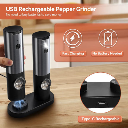 Rechargeable Electric Salt and Pepper Grinders with LED Light | One-Handed Operation for Effortless Seasoning 2
