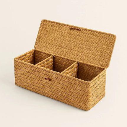 Woven Basket with Lid, Storage Basket with 3 Compartments, Cosmetic Organizer, Desk Organizer for Dresser and Shelves