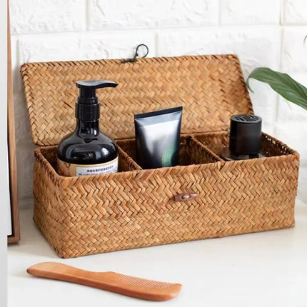 Woven Basket with Lid, Storage Basket with 3 Compartments