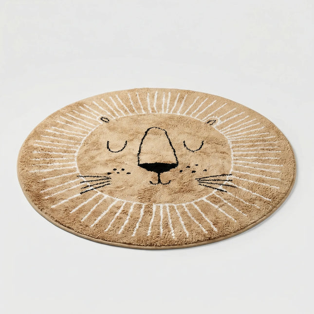 Machine Washable Rug, Round Nursery Rug with Lion Face Design