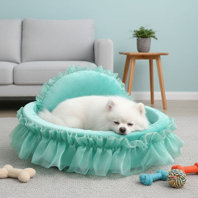Dog Beds, Cat Bed with Ruffled Trim and Raised Backrest, Cute Pet Bed with Plush Cushion for Cozy Naps_01