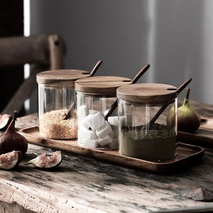 Spice Jars with Acacia Wood Lids, Rustic Spice Organizer