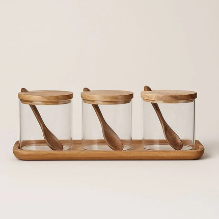Spice Jars with Acacia Wood Lids, Glass Seasoning Jars Set of 3 with Spoons and Tray, Rustic Spice Organizer