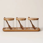 Spice Jars with Acacia Wood Lids, Glass Seasoning Jars Set of 3 with Spoons and Tray, Rustic Spice Organizer
