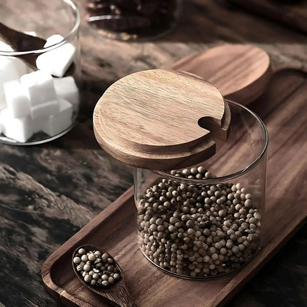 Spice Jars with Acacia Wood Lids, Glass Seasoning Jars Set of 3 with Spoons and Tray
