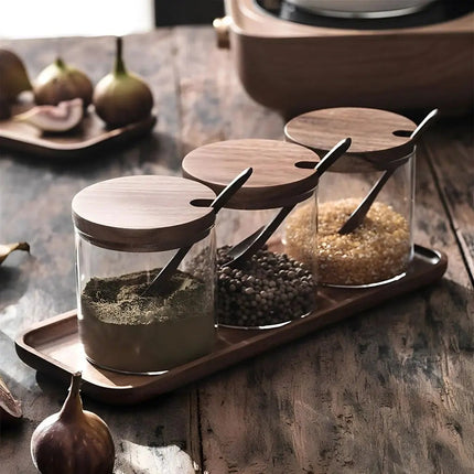 Spice Jars with Acacia Wood Lids, Glass Seasoning Jars Set of 3 with Spoons and Tray – image 4