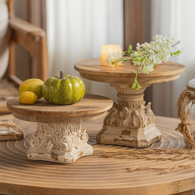 Rustic Wood Pedestal Stand | Vintage Display Pedestal with Hand-Carved Top | Perfect for Home Decor and Plant Styling 0