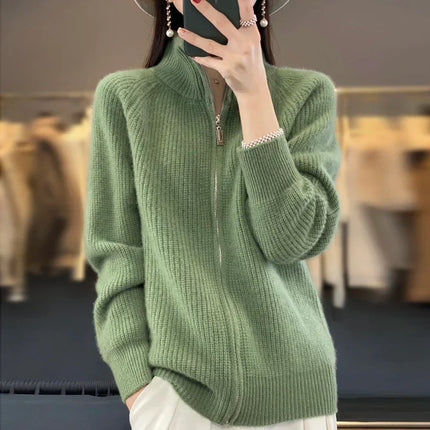 Wool Cardigan Sweaters for Women, Zip Up Sweater Coat with Stand Collar – image 4