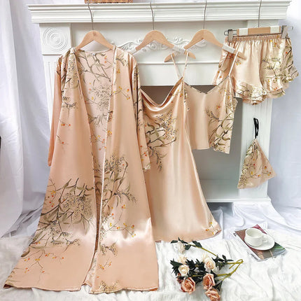 Women PJ Sets, Womens Pajama Sets with Robe and Nightgown, 5 Piece Womens Pajamas, Satin Pajamas for Women