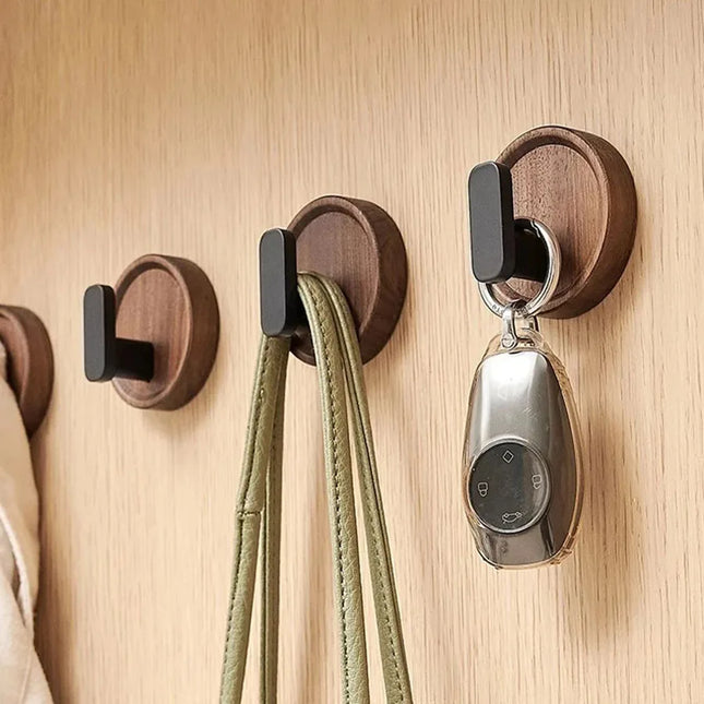Wooden Wall Hooks, Self Adhesive Coat Hooks, Walnut Wood Key Holder for Wall, Bathroom Towel Hooks for Kitchen