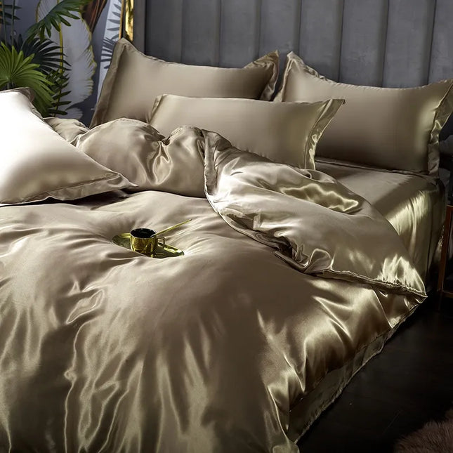 Silk Bed Set 4 Piece, Silk Bedding Set with Duvet Cover and Pillowcases, Satin Duvet Cover Set in Twin to King Size_01