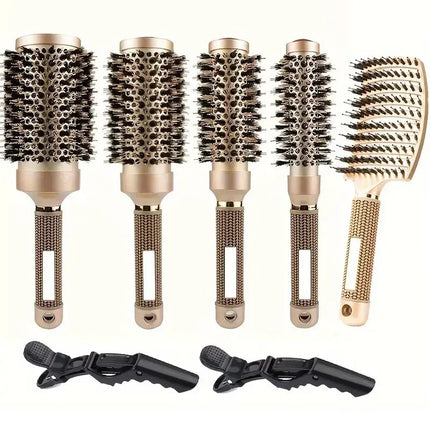 Round Hair Brushes, Boar Bristle Brush Set with Ceramic Barrel