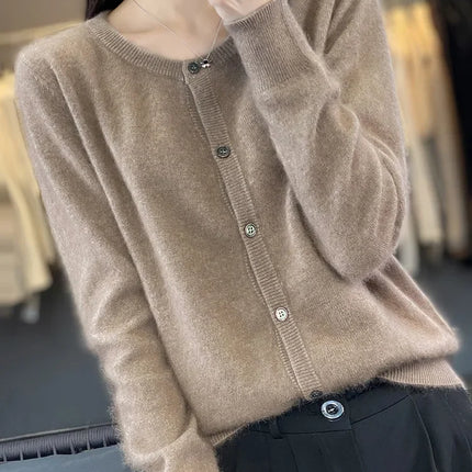 Mink Cashmere Sweater Cardigan for Women, Womens Cardigan with Crew Neck, Loose Knit Cashmere Cardigan – image 11