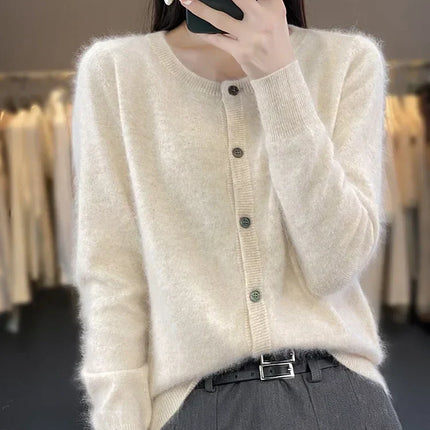 Mink Cashmere Sweater Cardigan for Women, Womens Cardigan with Crew Neck, Loose Knit Cashmere Cardigan – image 7