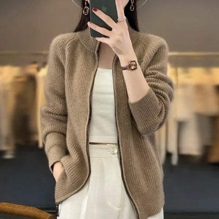Wool Cardigan Sweaters for Women, Zip Up Sweater Coat with Stand Collar