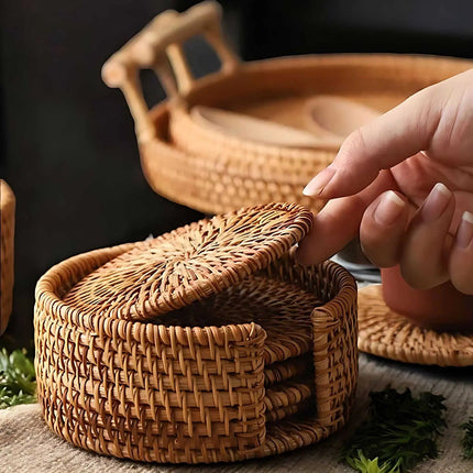 Coasters for Drinks, Woven Bamboo Cup Coasters with Holder