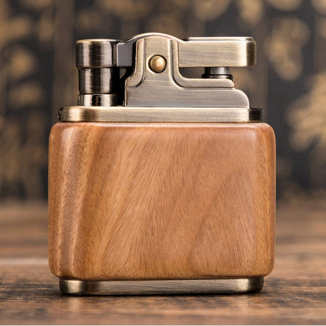 Vintage Lighters, Wooden Kerosene Oil Lighter with Spark Wheel and Metal Top