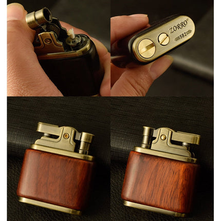 Vintage Lighters, Wooden Kerosene Oil Lighter with Spark Wheel and Metal Top – image 4