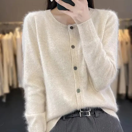 Mink Cashmere Sweater Cardigan for Women, Womens Cardigan with Crew Neck
