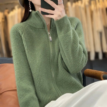Zip Up Sweater Coat with Stand Collar, Womens Wool Sweater – image 8