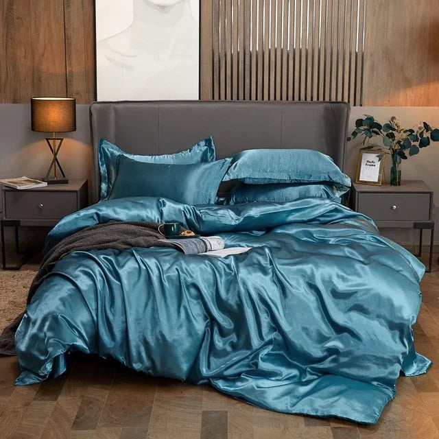 Silk Bed Set 4 Piece, Silk Bedding Set with Duvet Cover and Pillowcases, Satin Duvet Cover Set in Twin to King Size_00