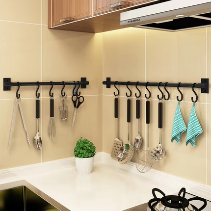 Towel Rack with S Hooks, Matt Black Wall Hook Rack, Kitchen Hanging Rack for Utensils and Towels