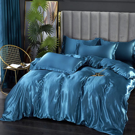 Silk Bed Set 4 Piece, Satin Duvet Cover Set in Twin to King Size
