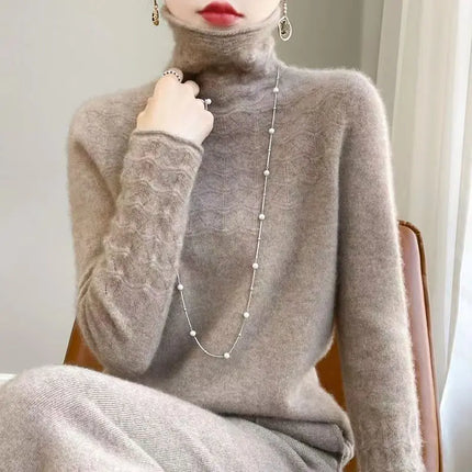 Womens Sweaters, Merino Wool Turtleneck Sweater, Thick Knit Wool Pullover with Hollow Out Detail