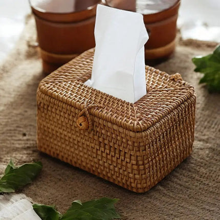 Rattan Tissue Box Cover, Handwoven Tissue Box Holder with Lid Cutout