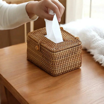 Rattan Tissue Box Cover, Handwoven Tissue Box Holder with Lid Cutout – image 4