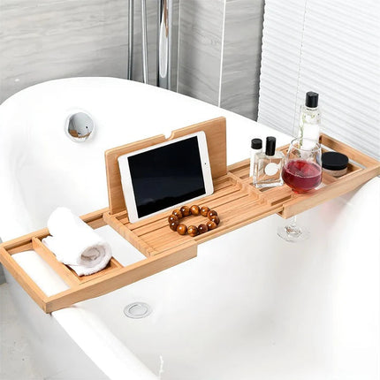 Serenity Spa | Adjustable Bamboo Bath Caddy Tray with Wine Glass Holder | Elegant Design for Relaxation 0
