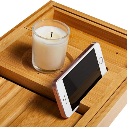 Serenity Spa | Adjustable Bamboo Bath Caddy Tray with Wine Glass Holder | Elegant Design for Relaxation 4
