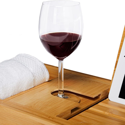 Serenity Spa | Adjustable Bamboo Bath Caddy Tray with Wine Glass Holder | Elegant Design for Relaxation 5