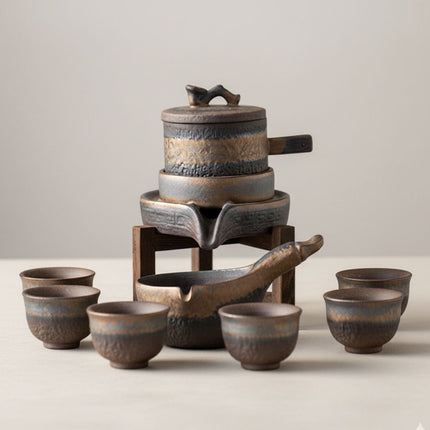 Ceramic Teapot Set with 6 Tea Cups and 2 Fair Cups, Gilded Iron Glaze Pottery Tea Set, Kiln Glazed Tea Cup Set