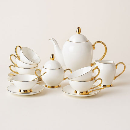 Bone China Tea Set for 6, Porcelain Tea and Coffee Set with Gold Hand Painted Accents, Tea Service for Gifting
