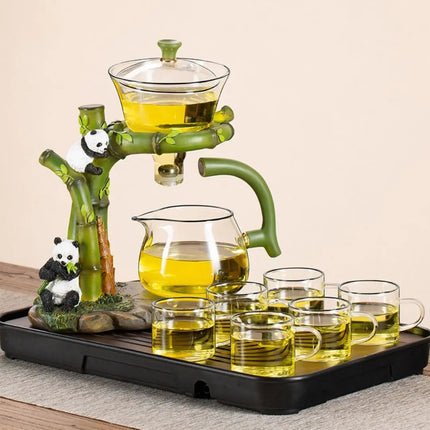 Gongfu Tea Set, Glass Teapot with Magnetic Tea Separation and Panda Bamboo Holder