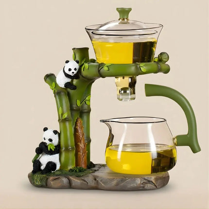 Gongfu Tea Set, Glass Teapot with Magnetic Tea Separation and Panda Bamboo Holder, Teapot Set with 6 Cups and Tea Tray