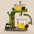 Gongfu Tea Set, Glass Teapot with Magnetic Tea Separation and Panda Bamboo Holder, Teapot Set with 6 Cups and Tea Tray