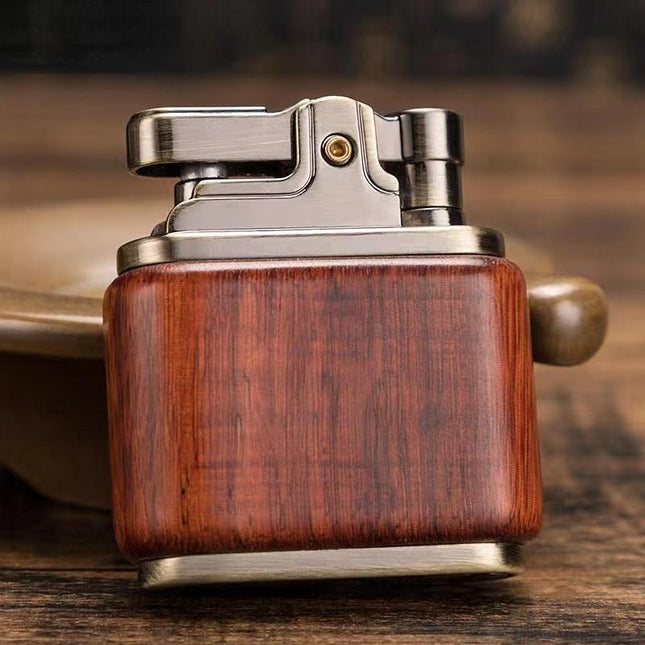 Vintage Lighters, Wooden Kerosene Oil Lighter with Spark Wheel and Metal Top, Antique Style Metal Lighter
