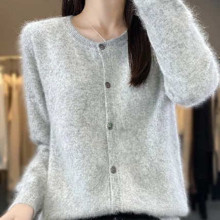 Mink Cashmere Sweater Cardigan for Women, Womens Cardigan with Crew Neck, Loose Knit Cashmere Cardigan