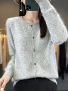 Mink Cashmere Sweater Cardigan for Women, Womens Cardigan with Crew Neck, Loose Knit Cashmere Cardigan