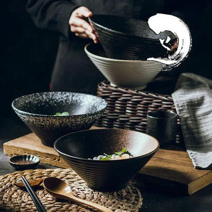 Japanese Creative Tableware Set - Elegant Bamboo Hat | Ceramic Bowl Set with Unique Design - Perfect for Ramen, Rice & Soup