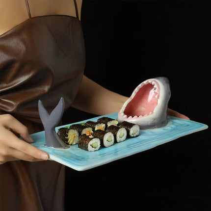 Ceramic Serving Plate, Shark Sushi Plate with Dip Holder