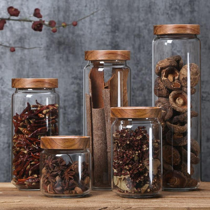 Glass Jars with Lids, Glass Food Storage Containers with Acacia Lids, Stackable Airtight Containers for Kitchen Storage