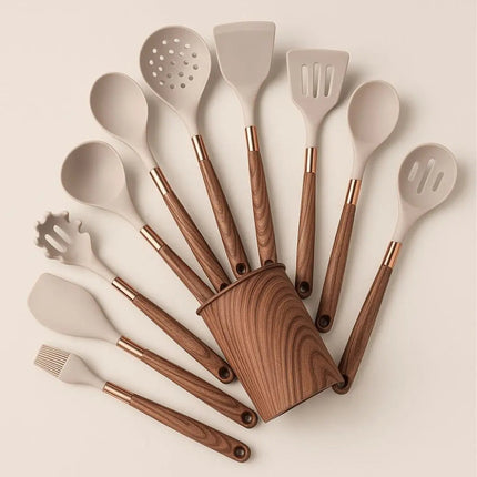 Kitchenware Set 11 Piece, Silicone Kitchen Utensil Set with Holder, Cooking Tools Set with Wood Grain Gold Handles