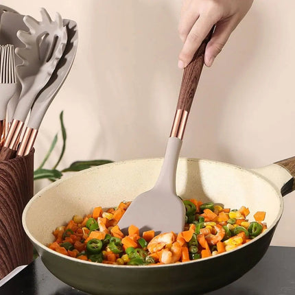 Silicone Kitchen Utensil Set, Cooking Tools Set with Wood Grain Gold Handles