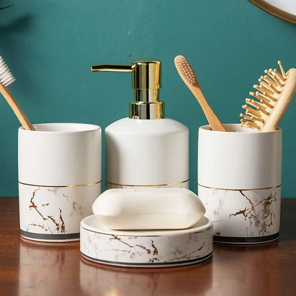 Ceramic Bathroom Accessory Set with Modern Geometric Design | 4-Piece Elegant Marble Set for Stylish Organization