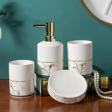 Ceramic Bathroom Accessory Set with Modern Geometric Design | 4-Piece Elegant Marble Set for Stylish Organization