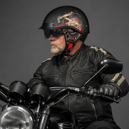 Skull-Graphic | Motorcycle Half Helmet with Retractable Visor | Lightweight Design for Bold Style 1